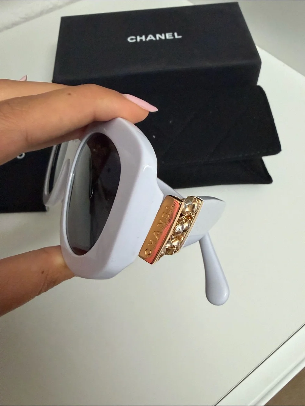 Authentic CHANEL White Round Sunglasses with Gold Chain Detail